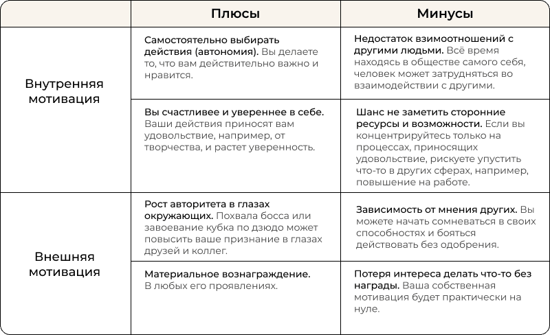 Плюсы и минусы мотиваций