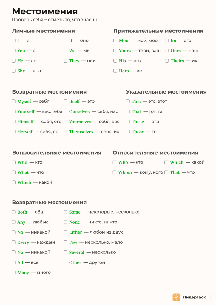 чек-лист местоимения английский