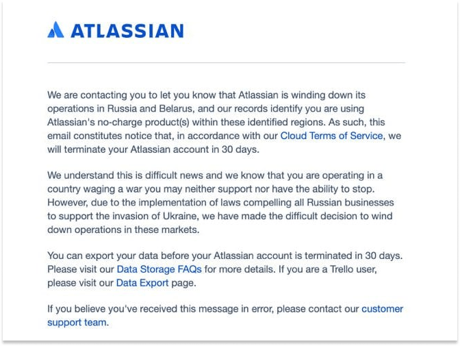 Письмо от Atlassian