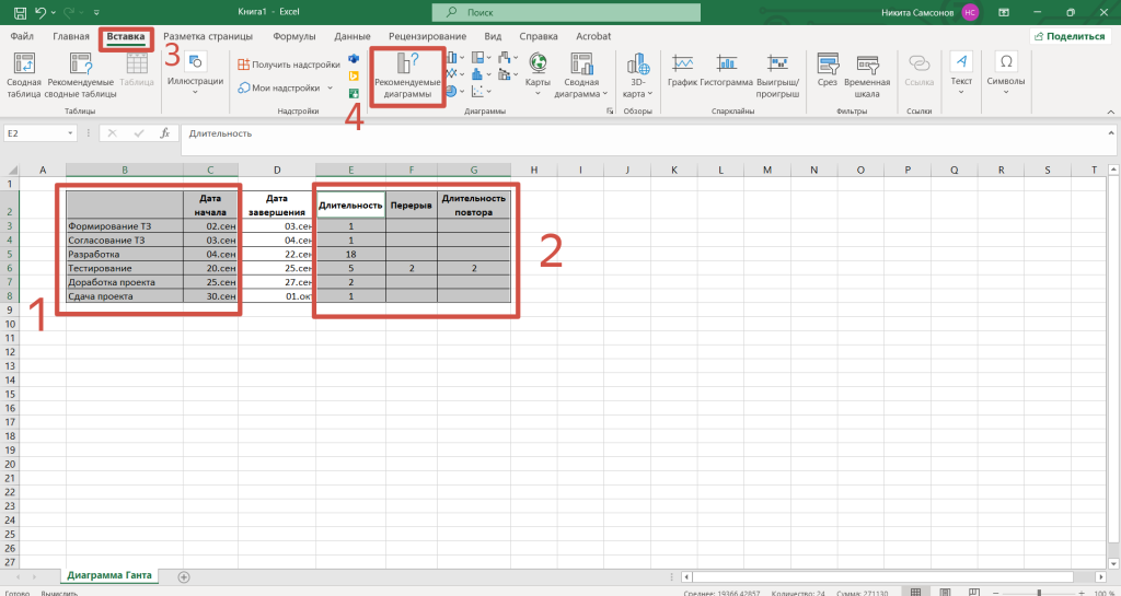 Создание линейчатой диаграммы в Excel