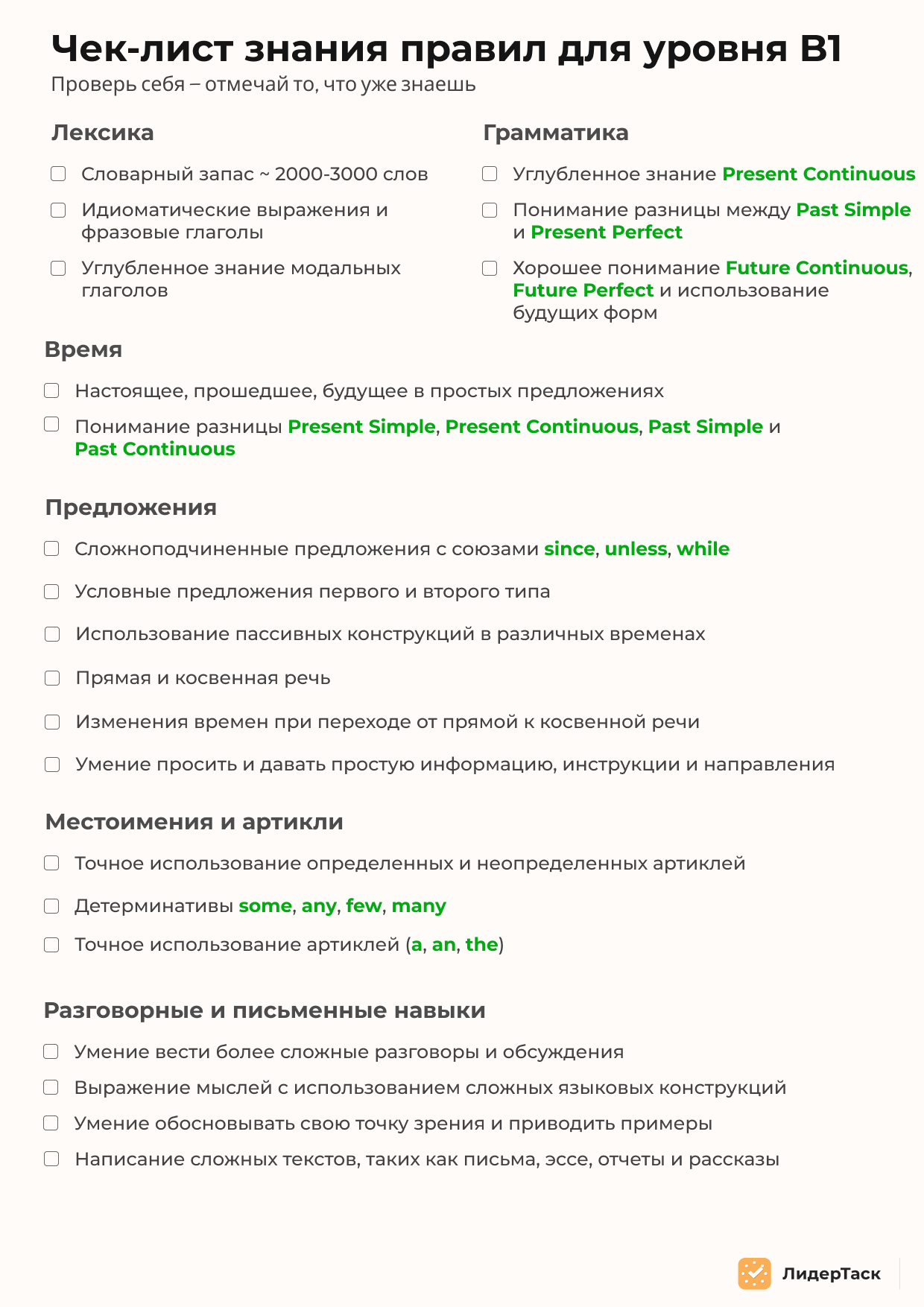 Чек-листы по английскому языку: части речи, полезные сервисы